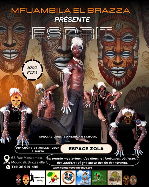 the poster for Espirit Adorned with African maks and dancers with painted bodies staring out at it