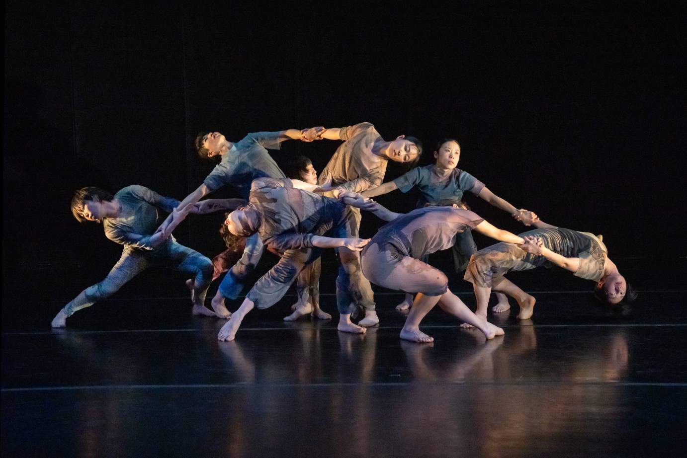 A group of eight women dressed in muted tops and pants, connect one with the other. The outside dancers stretch away from the group.