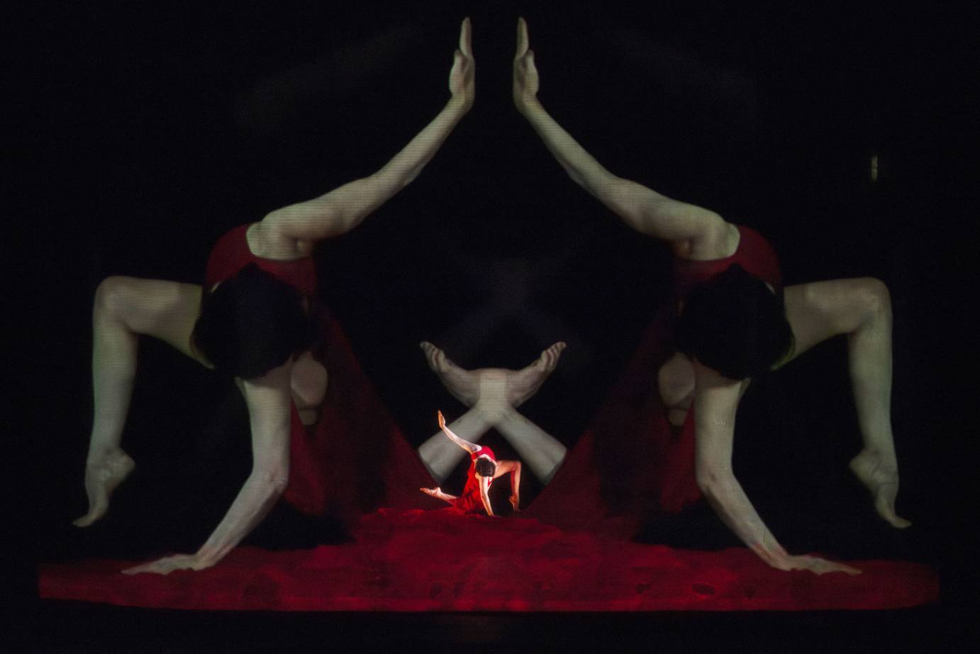 Projections of arms and legs on two scrims. A performer in red performs between.