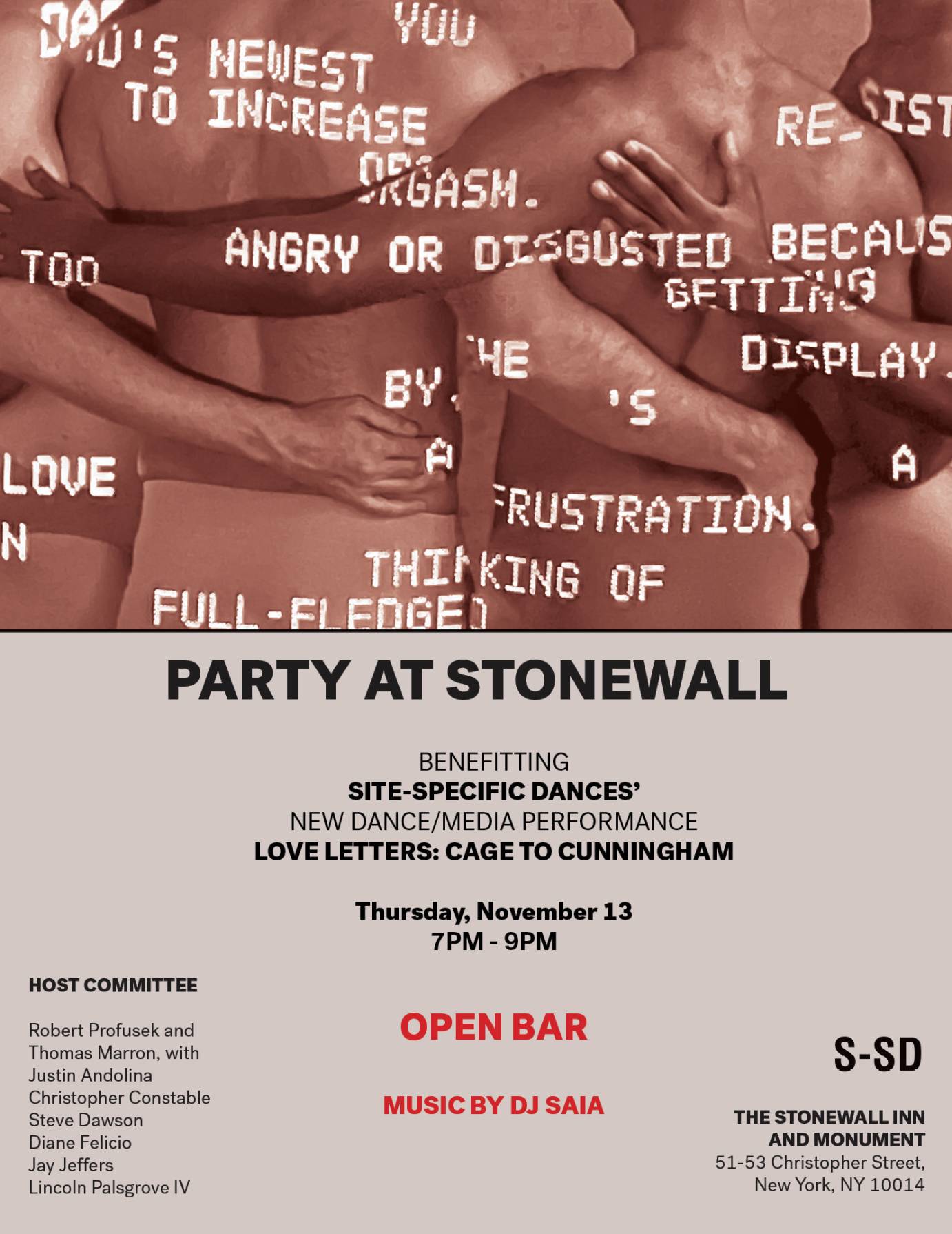 an invitation to a party at Stonewall featuring the backs of 4 men's torsos as they stand arm in arm with words projected on them