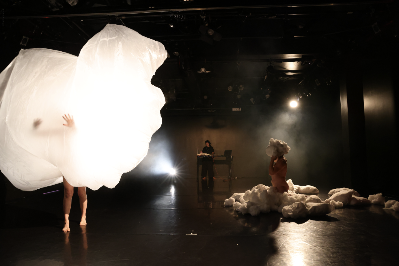 woman facing us encased in billowing clear plastic...resembling a Loie Fuller figure across from her a man with a nude torso sits on an island of pillows 